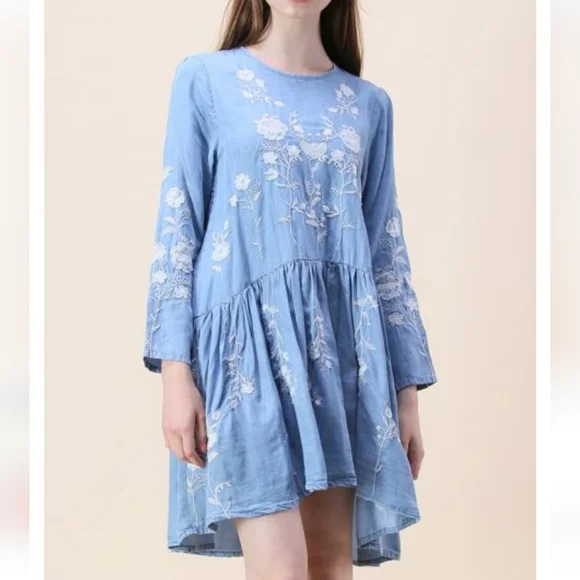 Floryday | Dresses | Floryday Blue Chambray Embroidered Drop Waist Dress With Sharkbite Hemline | Poshmark Floryday | Dresses | Floryday Blue Chambray Embroidered Drop Waist Dress With Sharkbite Hemline | Poshmark